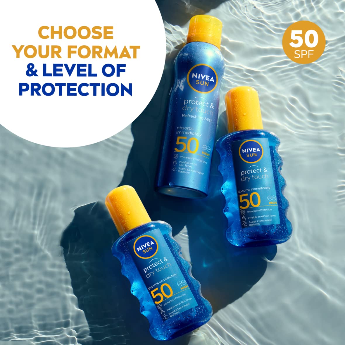 NIVEA SUN Protect & Dry Touch Invisible Sun Spray SPF 50 (200 ml), Water-Resistant Sun Cream, Immediate Protection against UVA & UVB Rays, Transparent/No White Marks