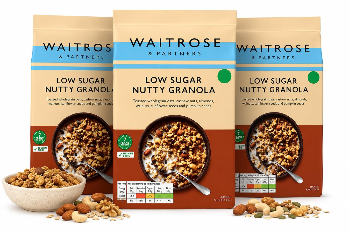Waitrose Low Sugar Nutty Granola Breakfast Cereal 500g, Pack of 3
