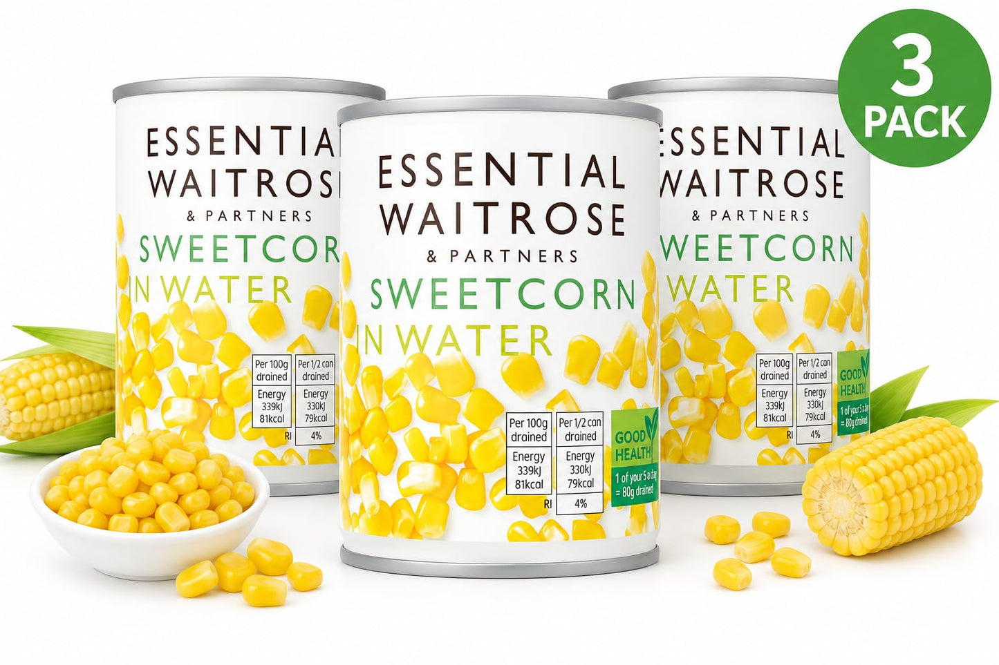 Essential Sweetcorn drained 160g, Pack of 3
