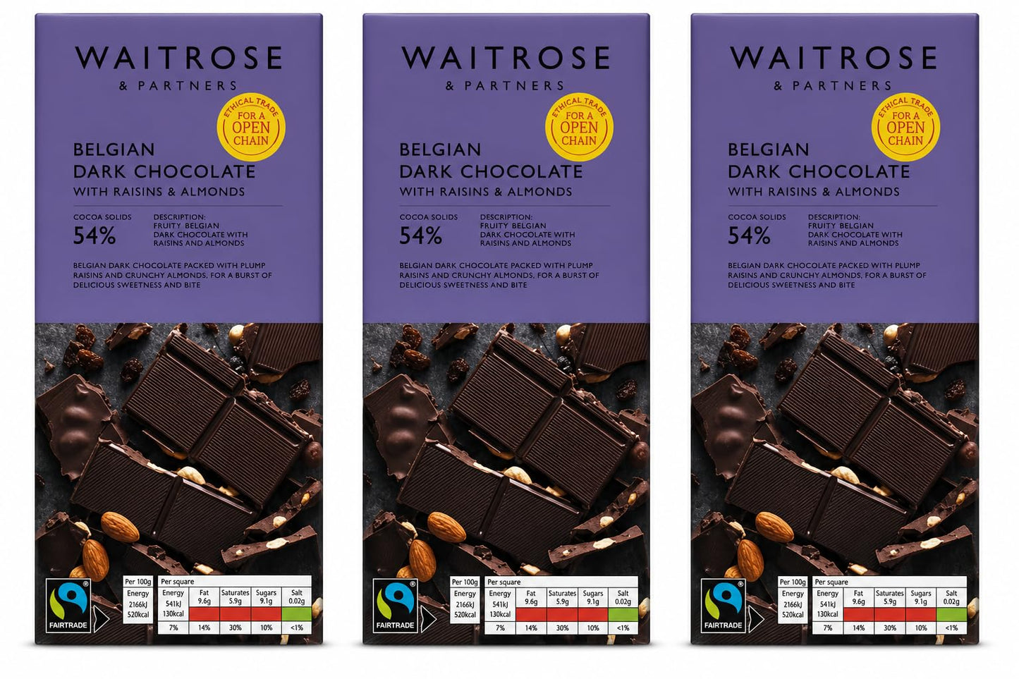Waitrose Dark Choc with Raisins & Almonds 180g, Pack of 3