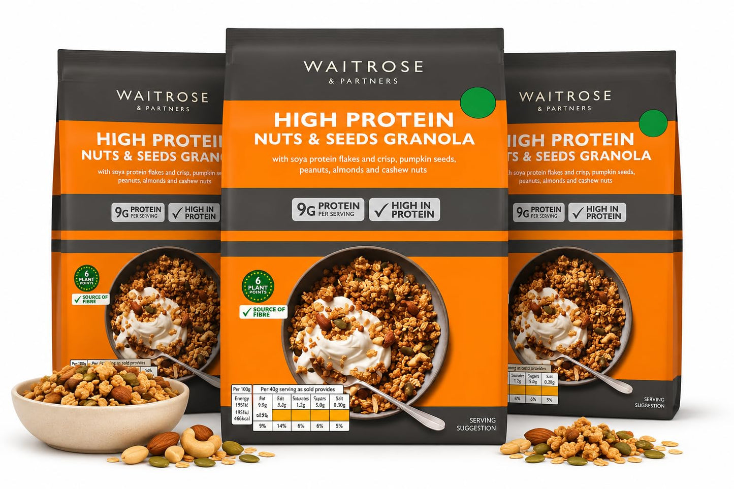 Waitrose High Protein Nuts & Seeds Granola Breakfast Cereal 400g, Pack of 3