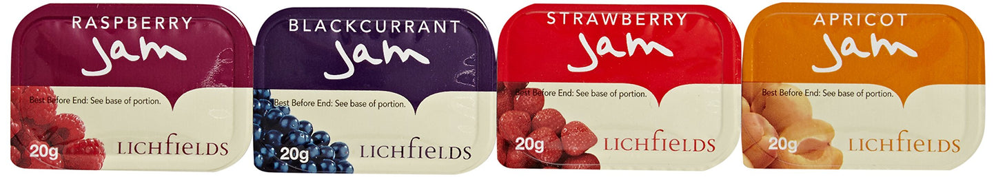 Lichfields 100 Jam Portions Contains 4 Variants 25xStrawberry, 25xRaspberry, 25xBlackcurrant, 25xApricot 20g Each