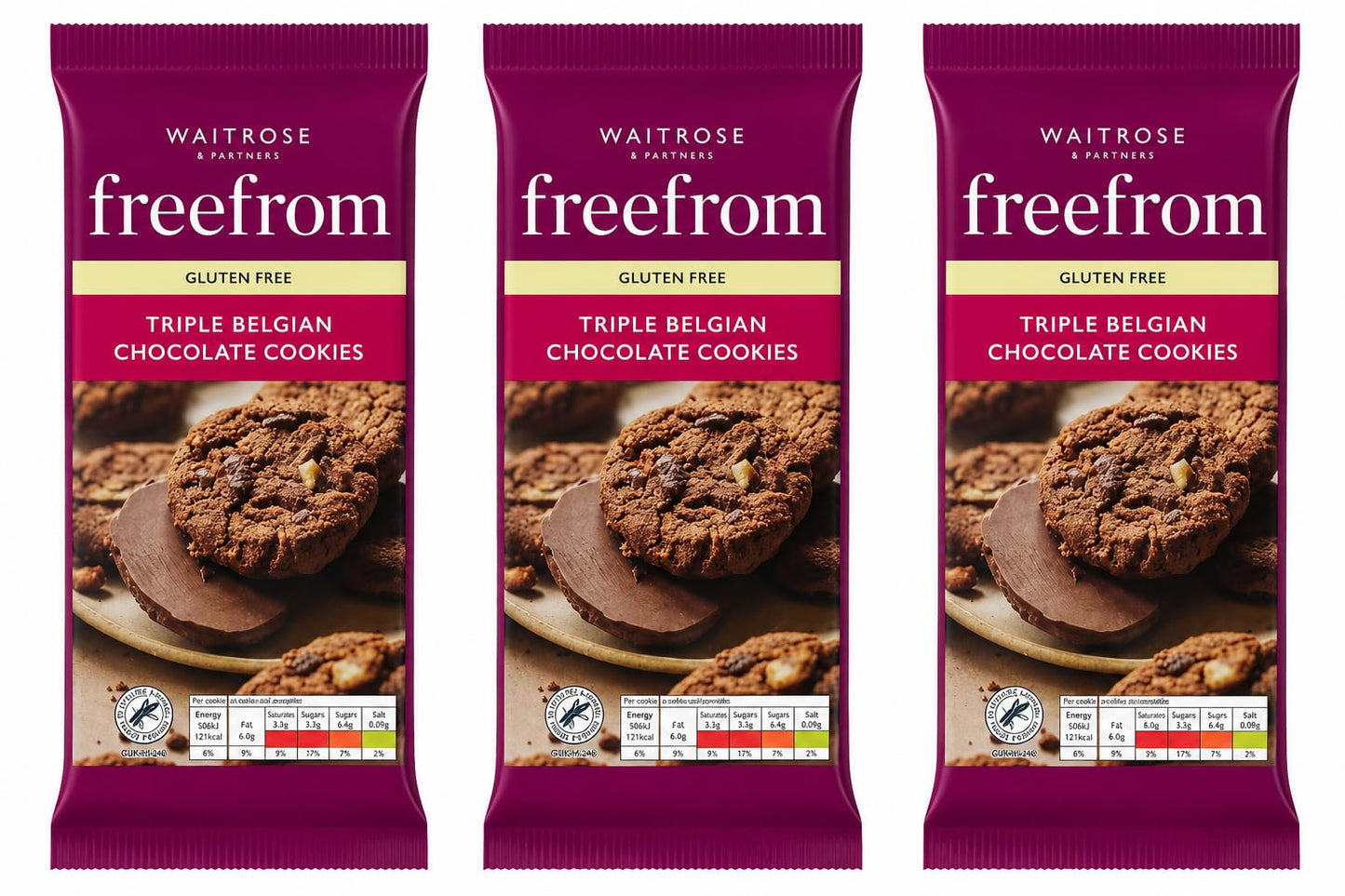 Waitrose Free From Gluten Triple Choc Cookies 150g, Pack of 3