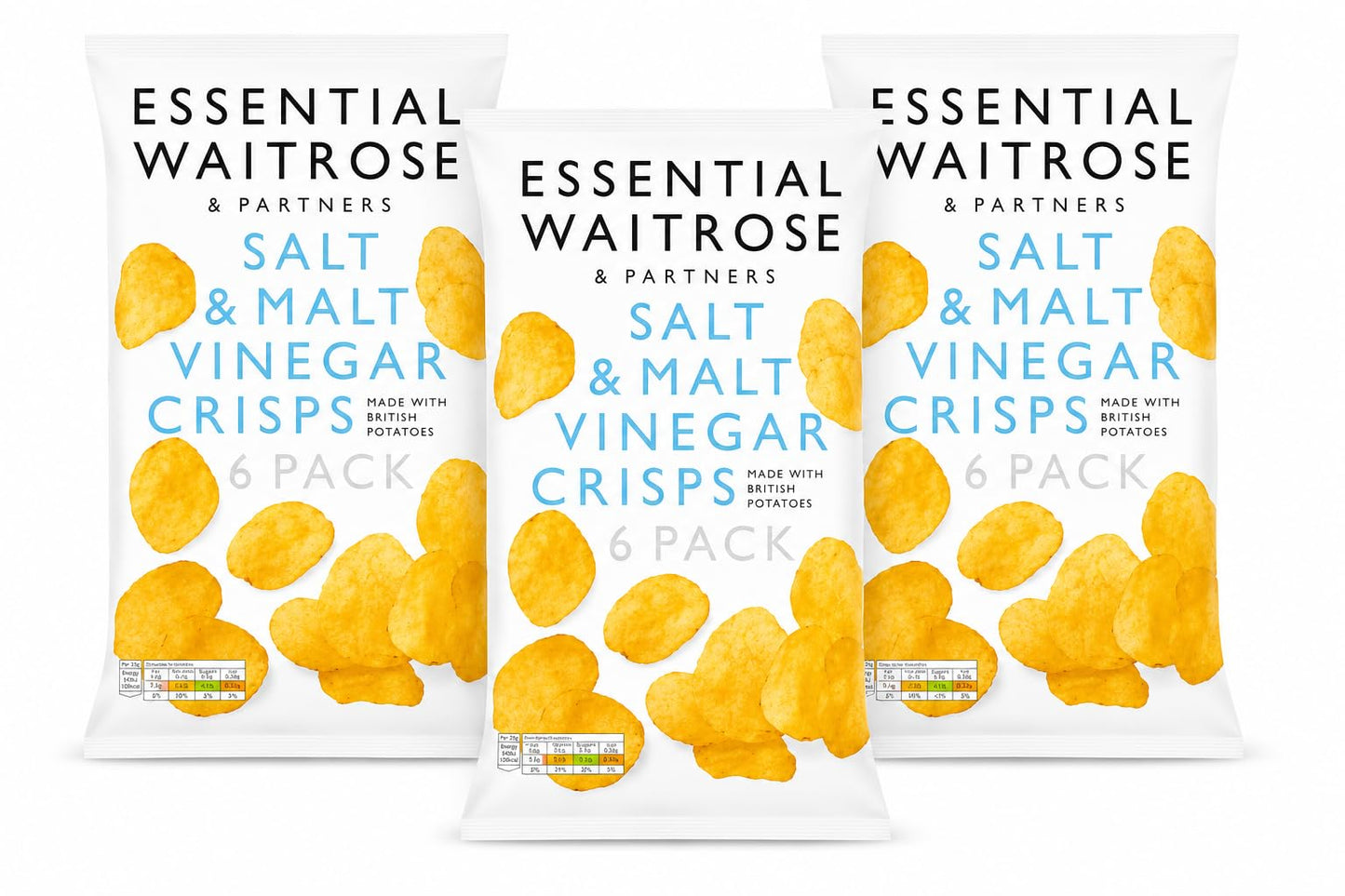 Essential Salt & Malt Vinegar Multipack Crisps 6x25g, Pack of 3