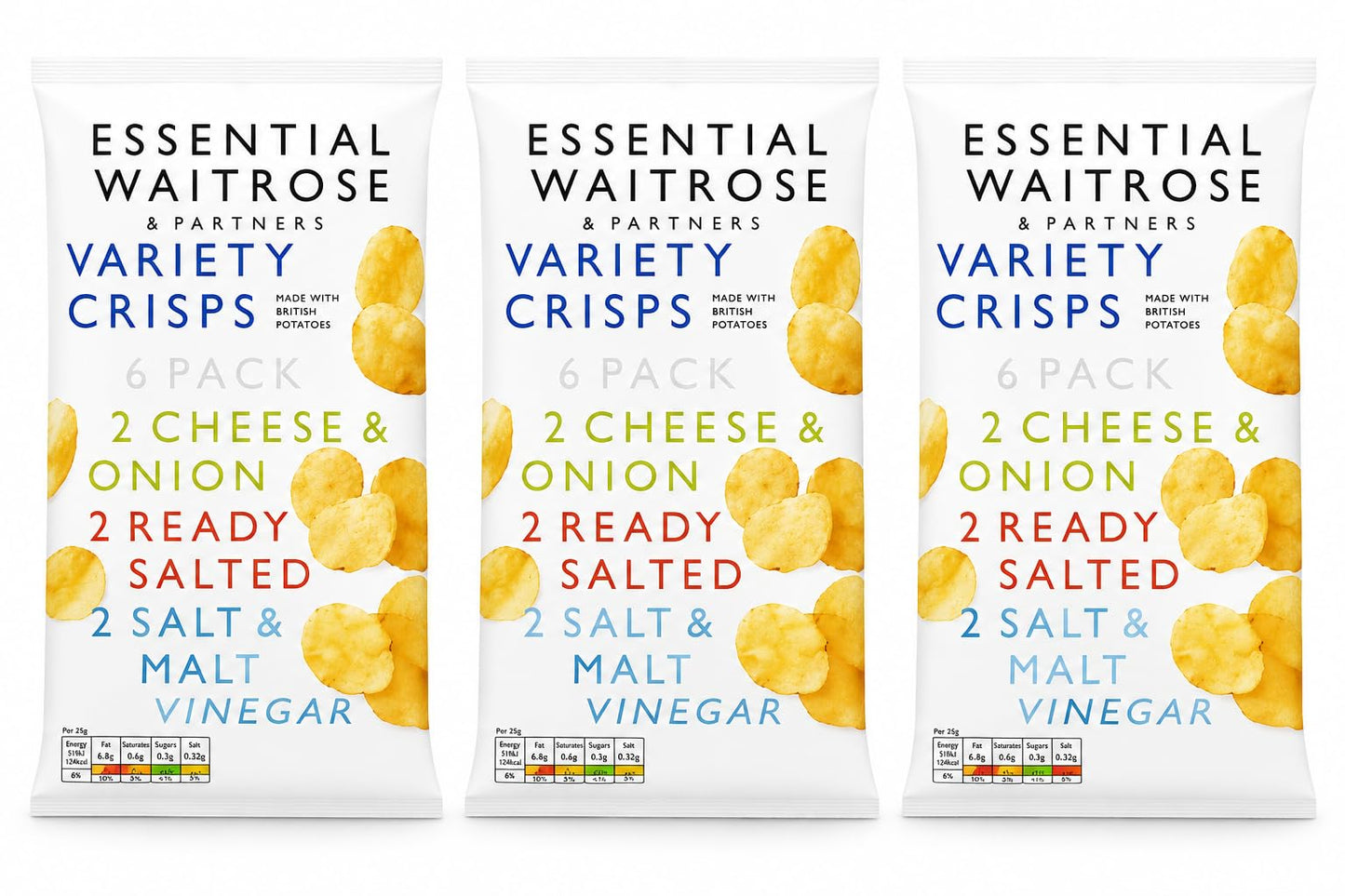 Waitrose Essential Variety Multipack Crisps 6x25g, Pack of 3