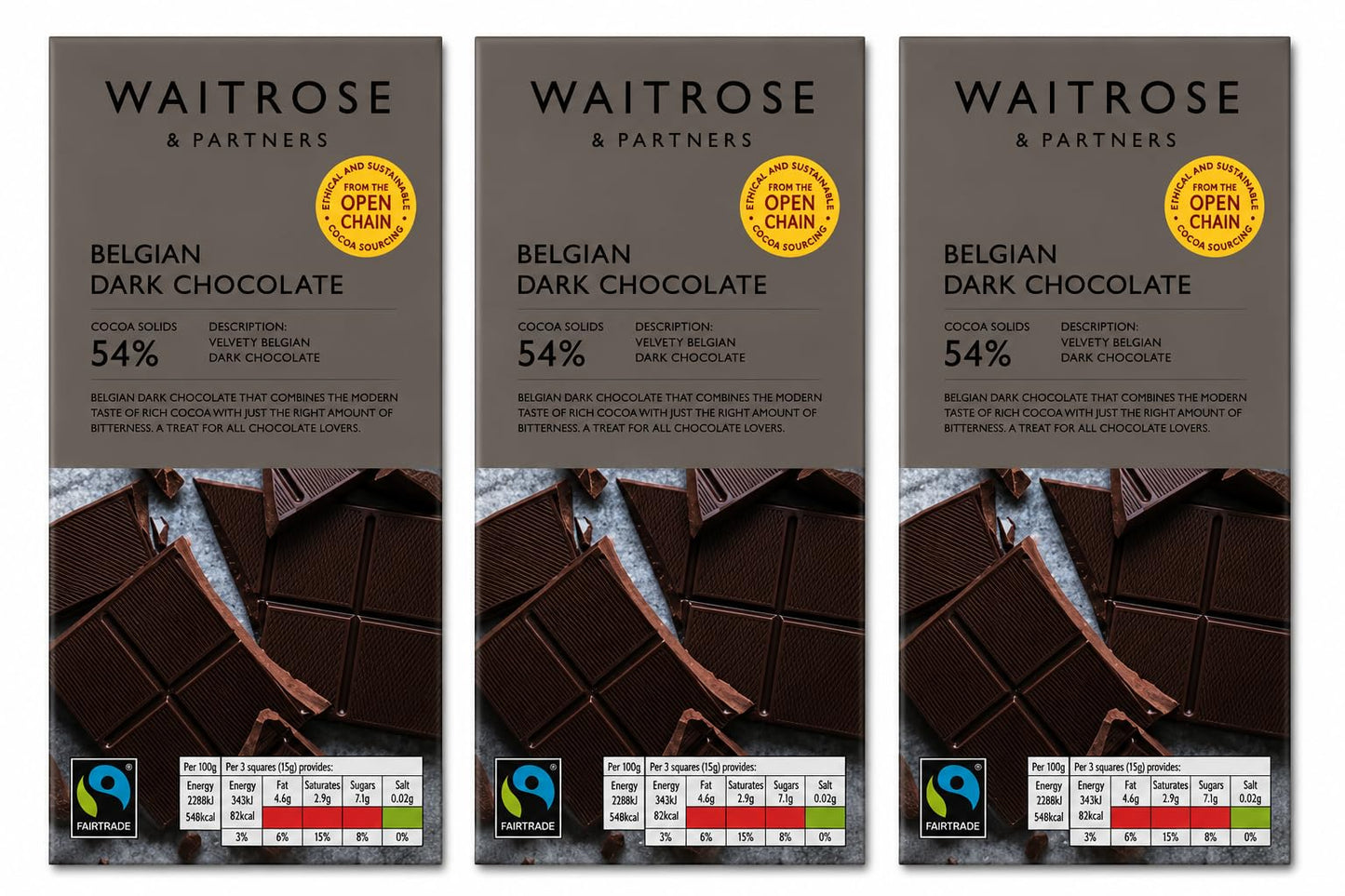 Waitrose Belgian Dark Chocolate 54% 180g, Pack of 3