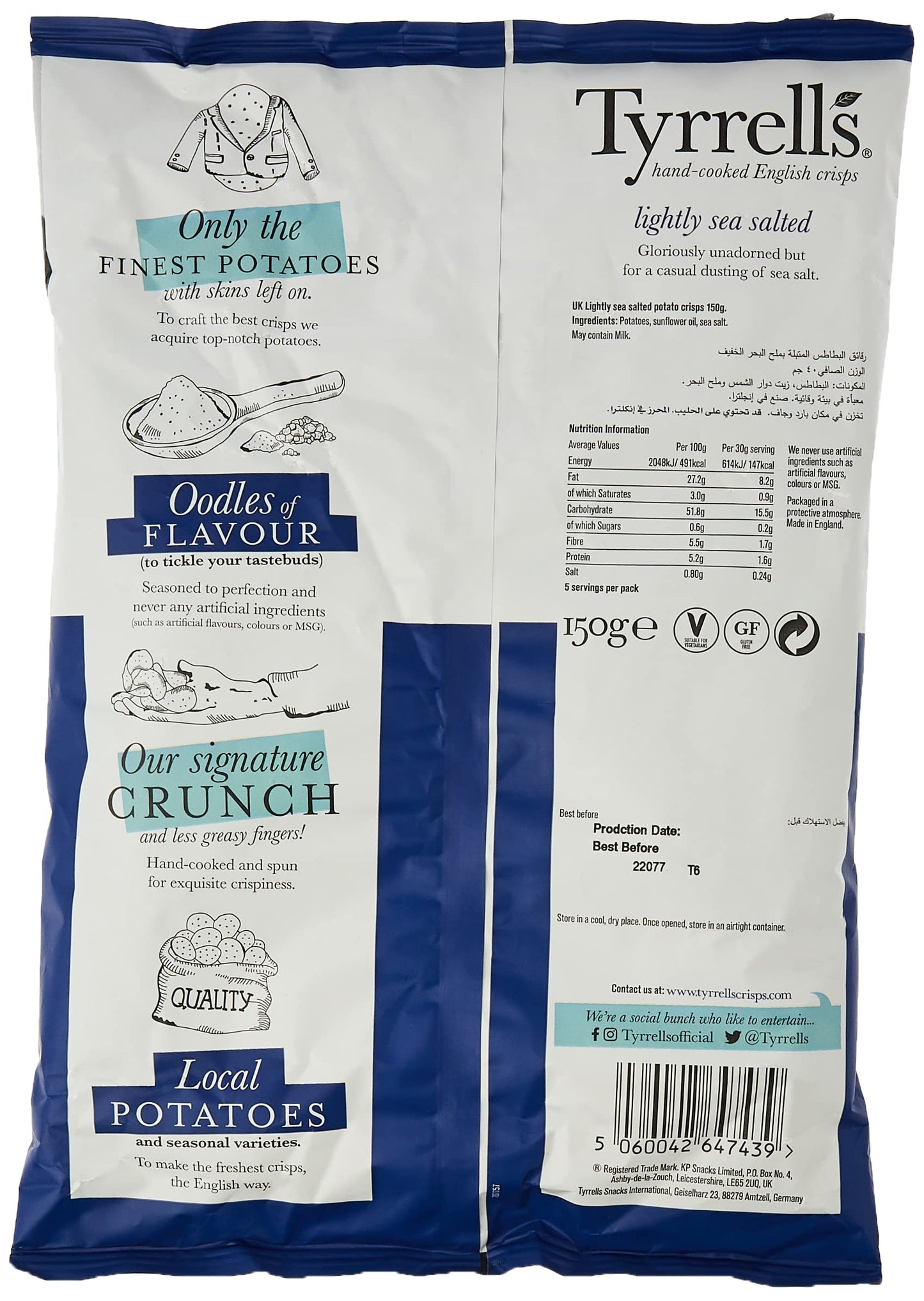 Tyrrells Hand Cooked English Crisps - Lightly Sea Salted (150g)