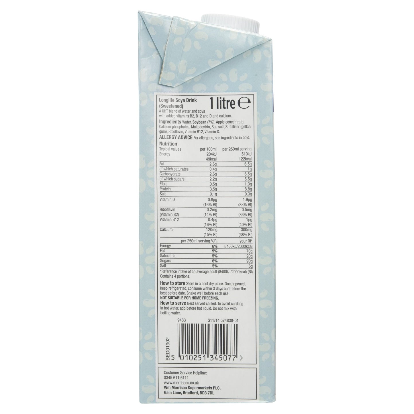 Morrisons Sweetened Soya Drink, 1L (Long Life)