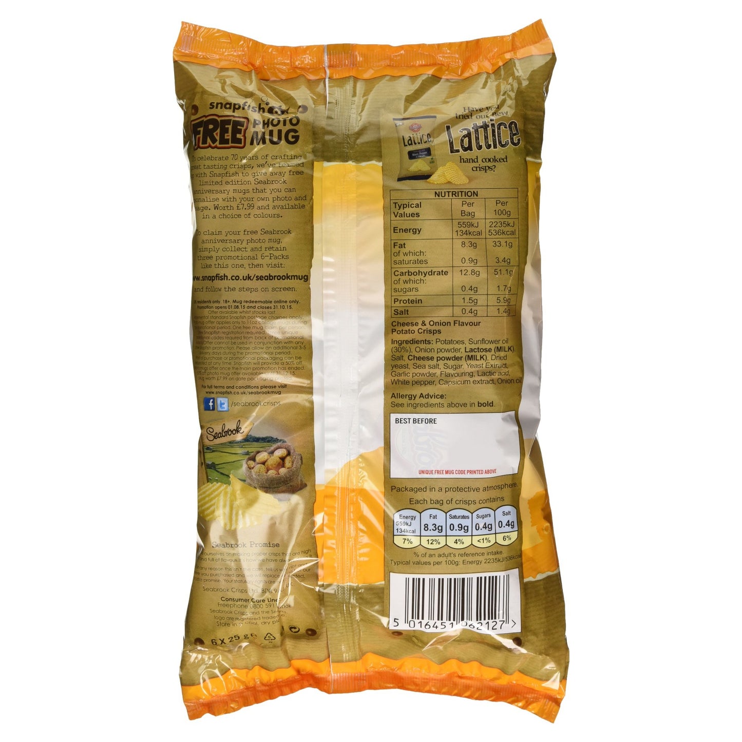Seabrook Cheese & Onion Flavour, 6 x 25g