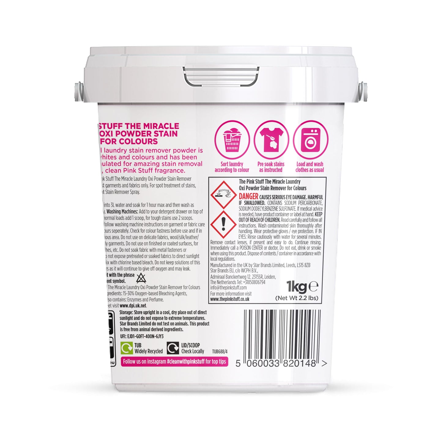 The Pink Stuff Miracle Laundry Oxi Powder Stain Remover for Colours - Powerful Oxi Formula Removes Tough Stains & Brightens Fabrics While Staying Suitable for Whites - 1kg