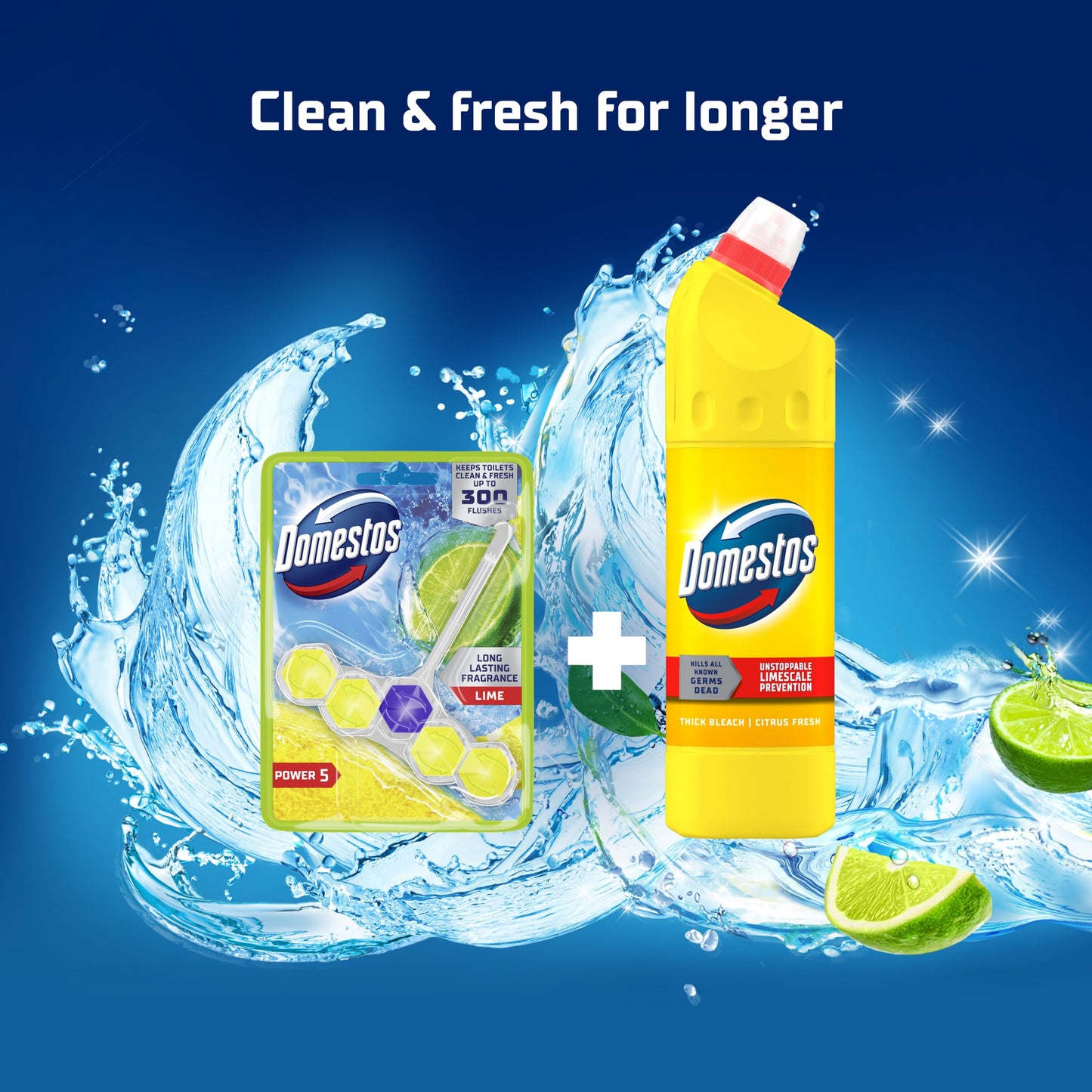 Domestos Power 5 Lime Toilet Rim Block toilet freshener with a long-lasting fragrance cleans and freshens for up to 300 flushes 50 g