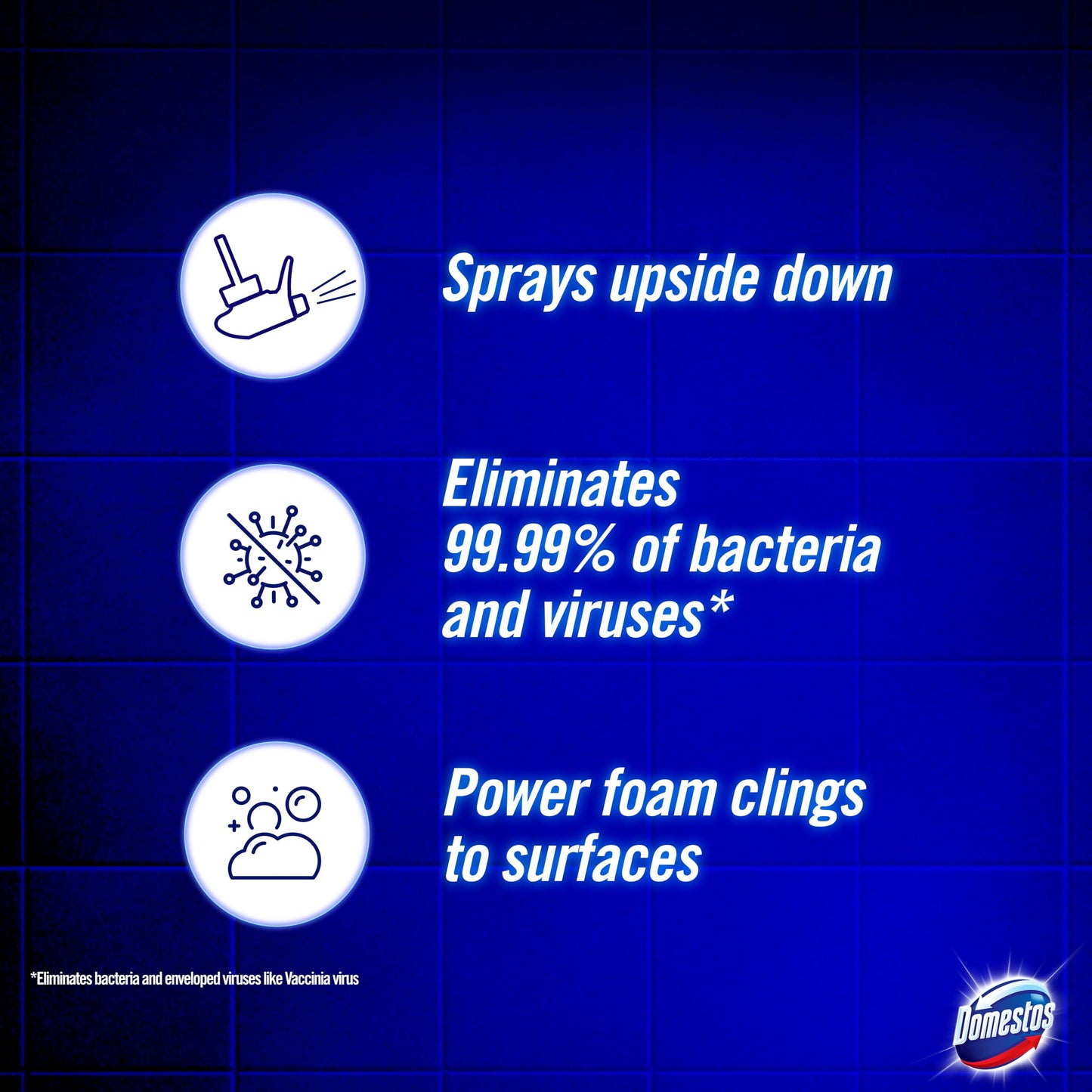 Domestos Power Foam Citrus Blast Toilet & Bathroom Cleaner Spray sprays upside down & eliminates 99.99% of germs* for cleaning inside the toilet & around the bathroom 450 ml