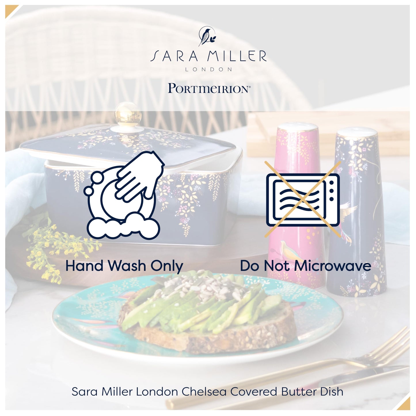 Portmeirion x Sara Miller London Butter Dish - Navy Blue Ceramic Butter Dish with Lid, 22ct Gold Detailing, Suitable Gift for Farmhouse and Kitchen Lovers