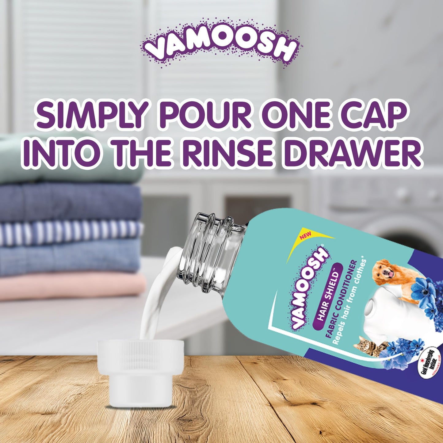 Vamoosh Hair Shield Fabric Conditioner 500ml – Liquid Fabric Softener that Repels Pet Hair from Clothes After Washing, Does Not Dissolve Hair – Blue Blossom Scent – Up to 16 Washes