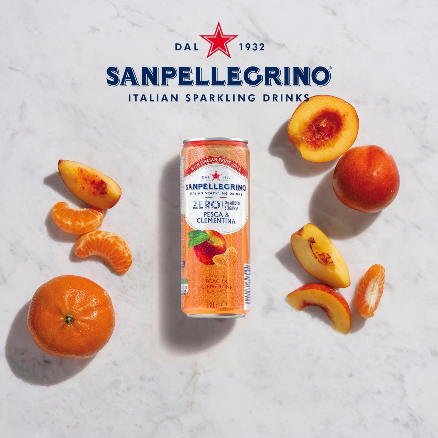 San Pellegrino Italian Sparkling Drinks Zero Sparkling Peach & Clementine Canned Soft Drink 6 x 330ml, 21kCals per can