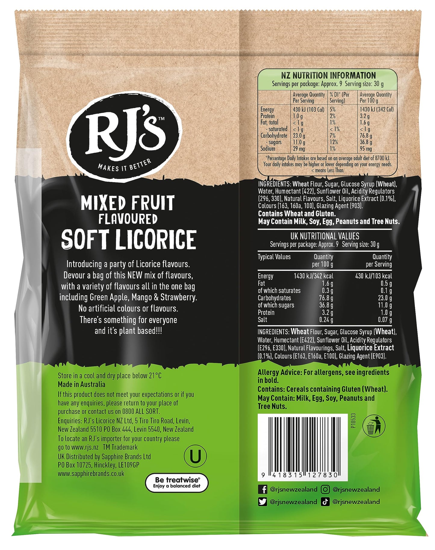 RJ's - Mixed Fruit Flavoured Soft Eating Licorice, 280g Bag