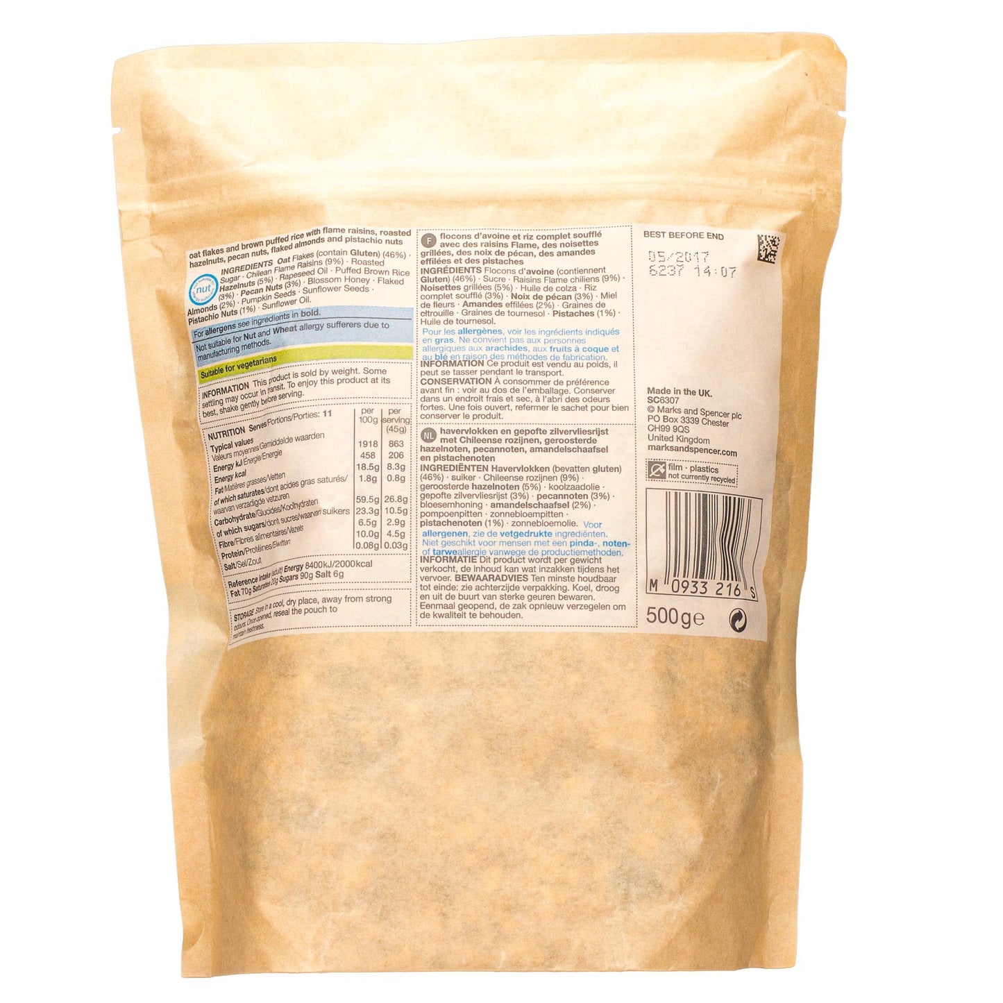 Marks & Spencer 4 Nut and Flame Raisin Granola 500g | Wholegrain High in Fibre No Added Salt | Raisins, Hazelnuts, Pecans, Almonds and Pistachios