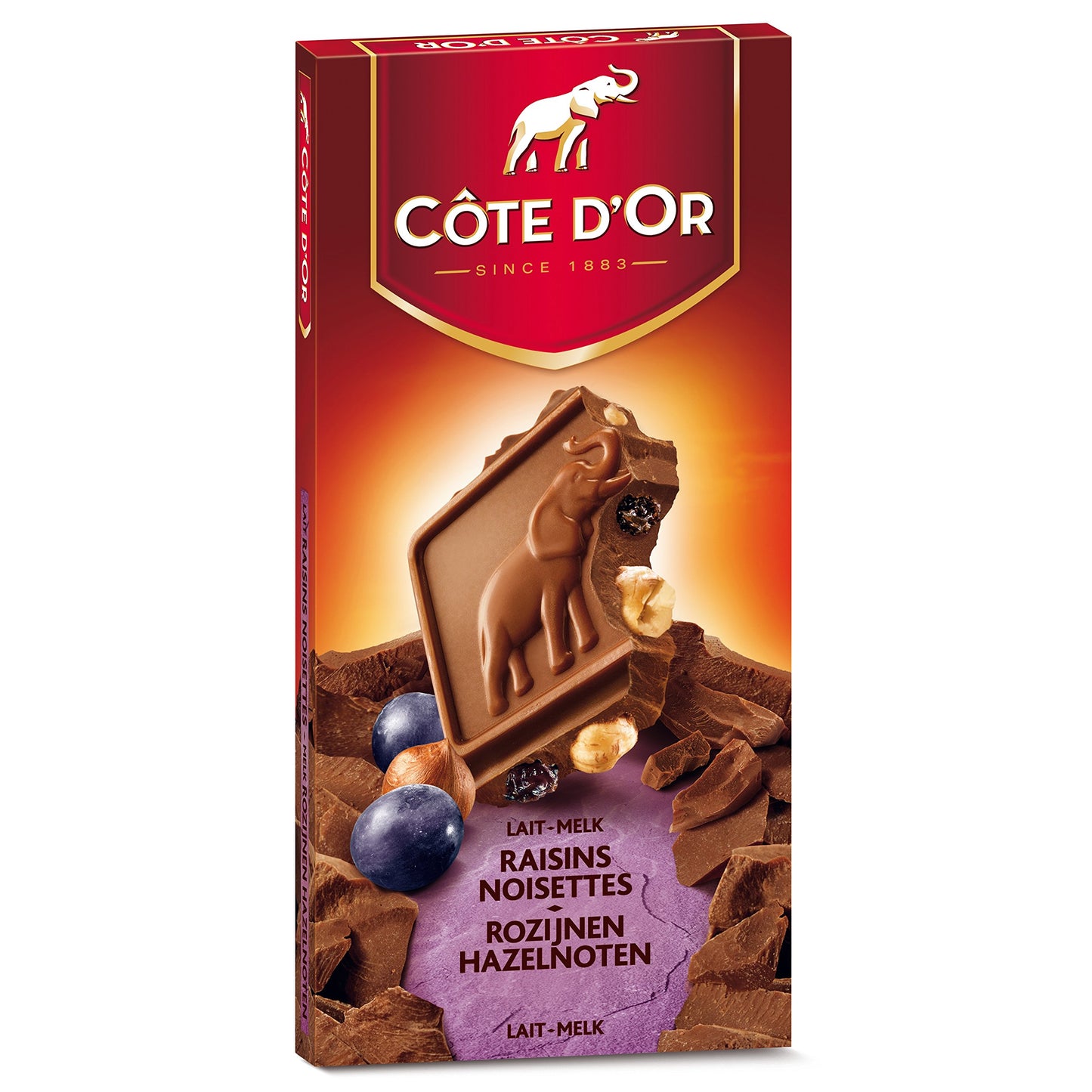 Raisins & Hazelnut Noisettes - Milk Lait Melk Chocolate Bar - Cote d'Or Belgian Chocolates 200g