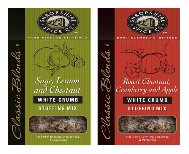 SHROPSHIRE SPICE CO. Sage, Lemon & Chestnut White Crumb Stuffing Mix 150g, Roast Chestnut, Cranberry & Apple White Crumb Stuffing 150g