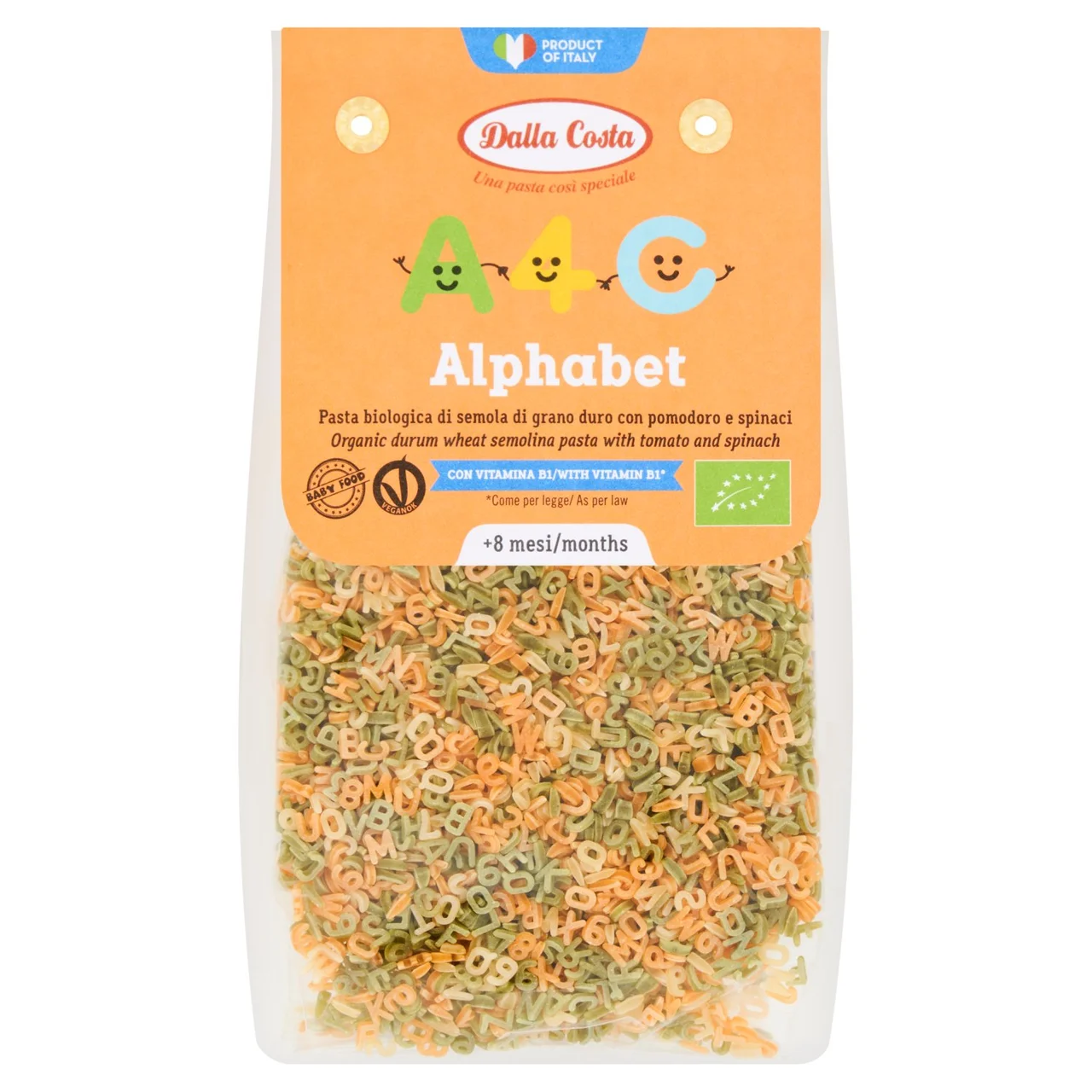 Dalla Costa Tri-Colour Alphabet & Number Baby Pasta 8+ Months 200g