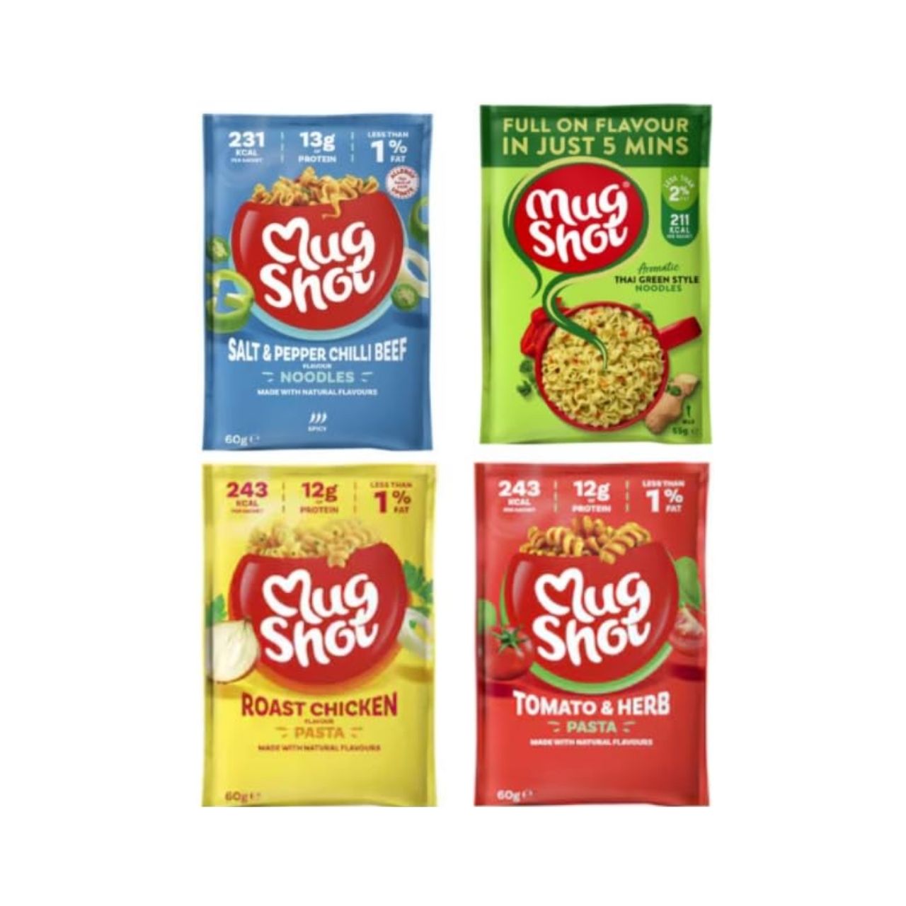 Mug Shot Noodles & Pasta Variety Pack, 4 Flavours, 60g
