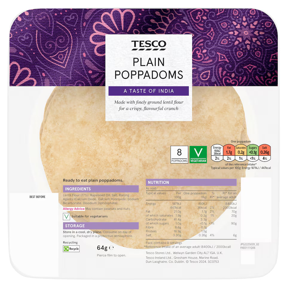 Tesco 8 Plain Poppadoms, 64g