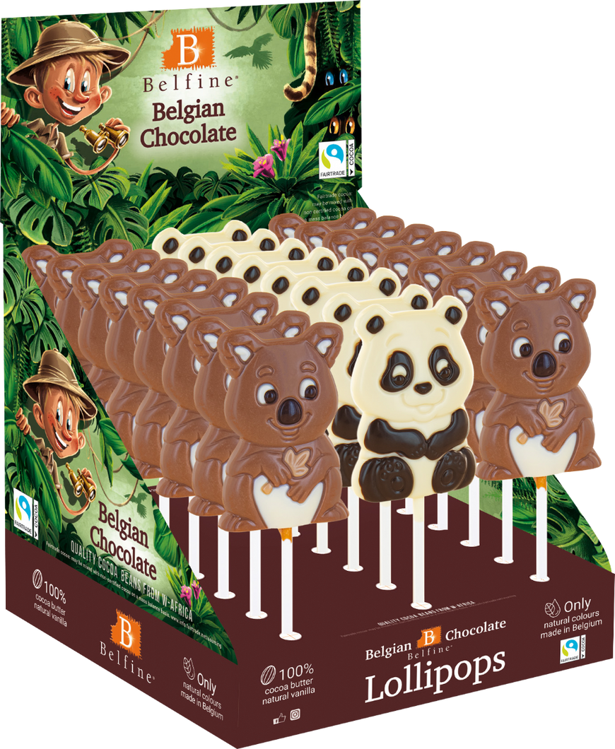 Belfine Belgian Chocolate Safari Lolly Assorted Designs 25g (Case of 24)