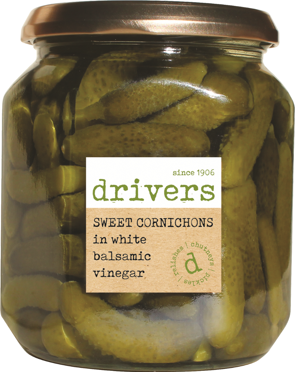 Drivers Sweet Cornichons In White Balsamic Vinegar 550G