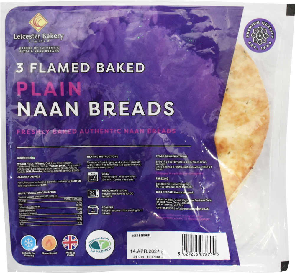 Leicester Bakery 3 Flamed Baked Plain Naan Breads