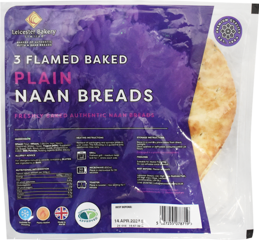 Leicester Bakery 3 Flamed Baked Plain Naan Breads