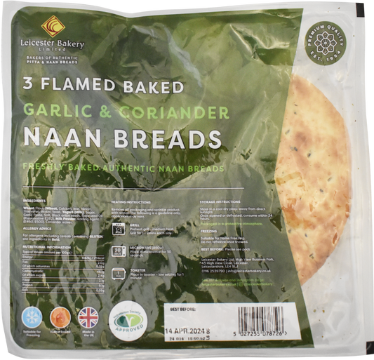 Leicester Bakery 3 Flame Baked Garlic & Coriander Naan Breads