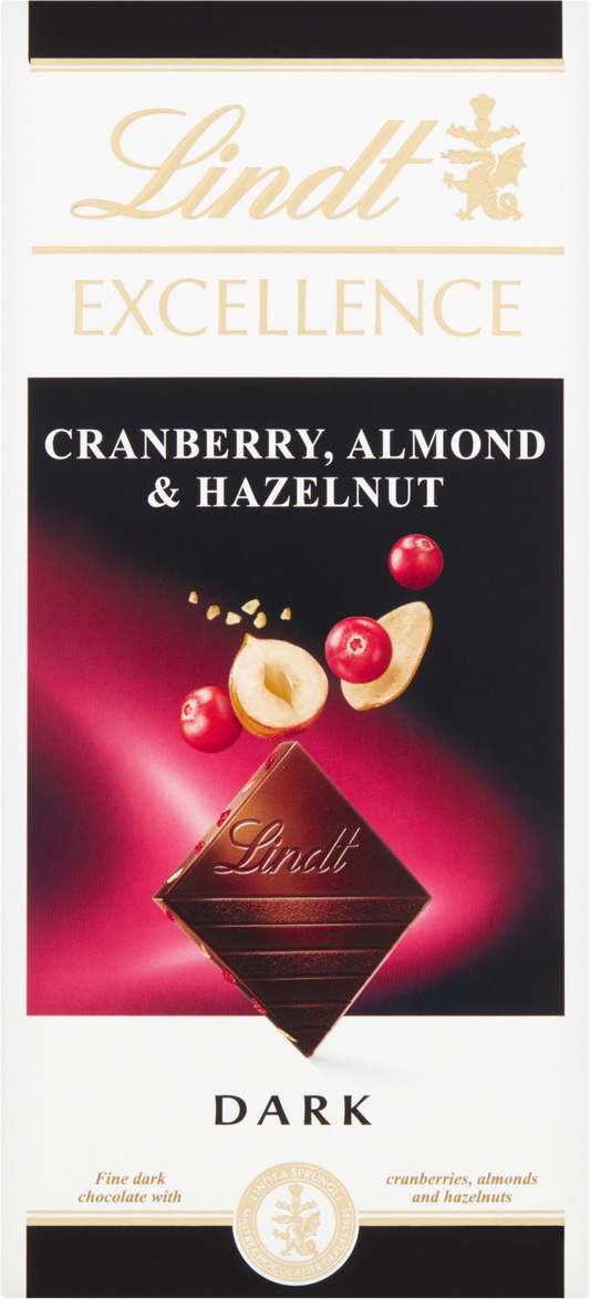 Lindt Excellence Dark Cranberry, Almond & Hazelnut Bar 100G