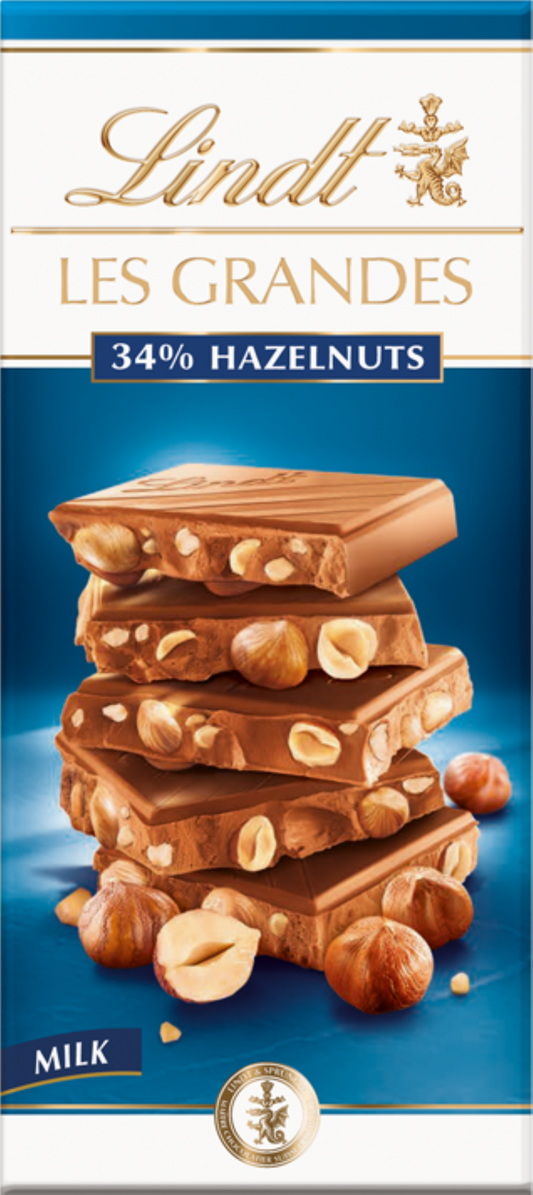 Lindt Les Grandes Milk Chocolate 34% Hazelnuts Bar 150G