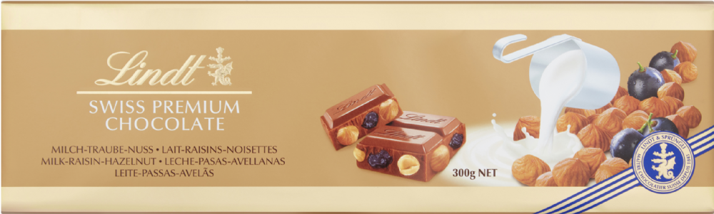 Lindt Milk, Raisin & Hazelnut Gold Bar 300G