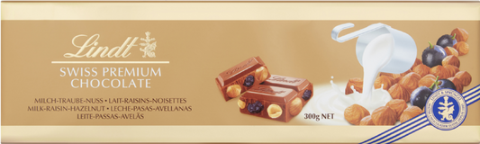 Lindt Milk, Raisin & Hazelnut Gold Bar 300G