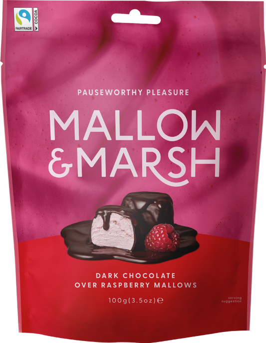 Mallow & Marsh Raspberry Marshmallows Coated In 70% Dark Chocolate - Bag 100G