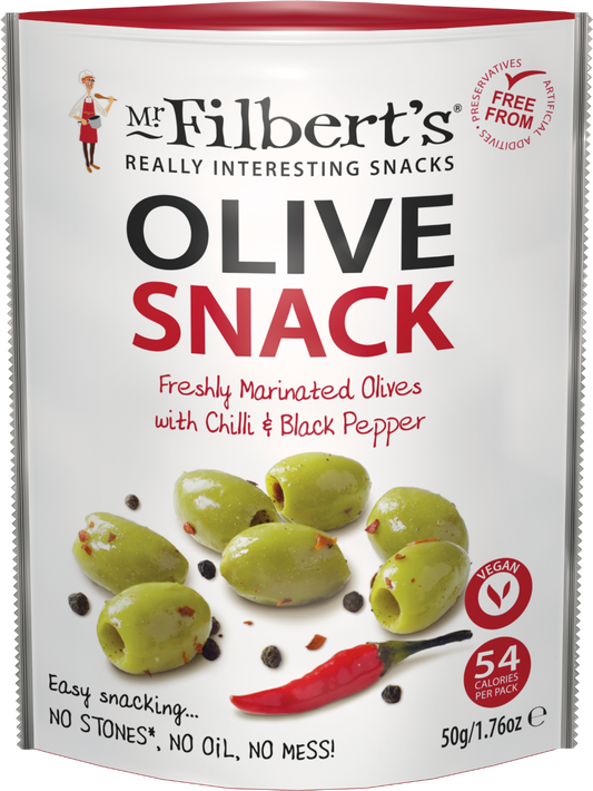 Mr Filbert's Marinated Green Olives With Chilli & Black Pepper 50G