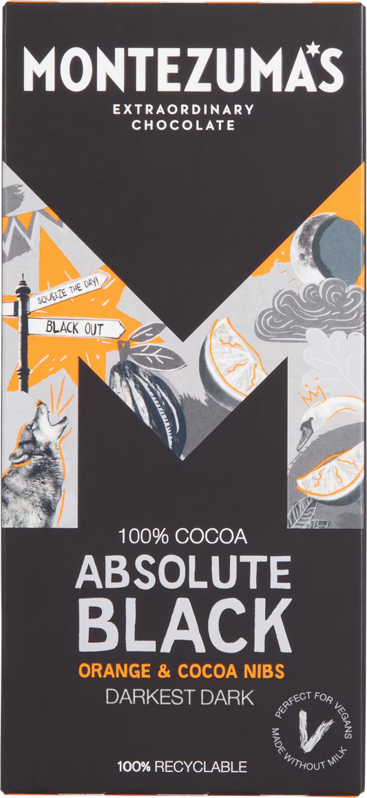 Montezuma's Absolute Black 100% Cocoa with Orange & Cocoa Nibs Bar 90g