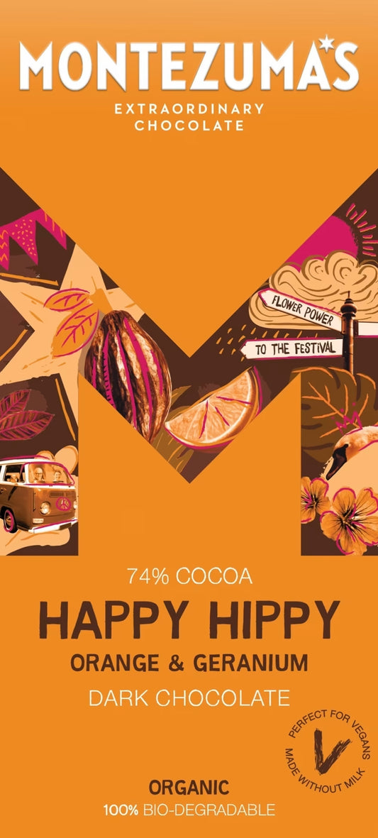 Montezuma's Happy Hippy Organic Orange & Geranium Dark Chocolate Bar 90g