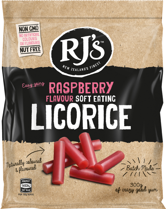 Rj's Licorice Raspberry Soft Eating Licorice - Bag 300G