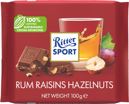 Ritter Sport Rum, Raisins, Hazelnuts Milk Chocolate 100G