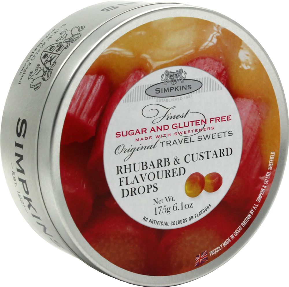 Simpkins Travel Sweets - Sugar Free Rhubarb & Custard Flavoured Drops 175G