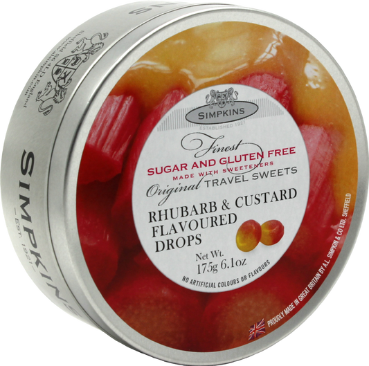Simpkins Travel Sweets - Sugar Free Rhubarb & Custard Flavoured Drops 175G