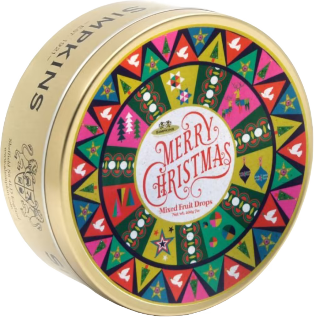 Simpkins Mixed Fruit Drops Merry Christmas Pattern Tin, 200g