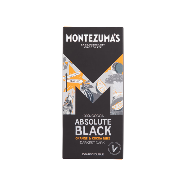 Montezuma's Absolute Black 100% Cocoa with Orange & Cocoa Nibs Bar 90g