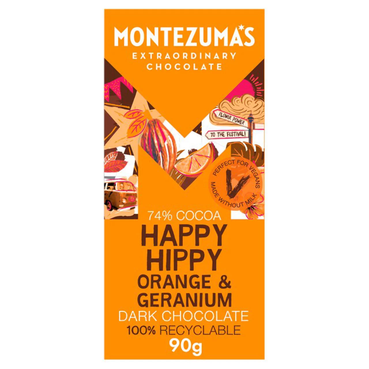 Montezuma's Happy Hippy - Organic Orange & Geranium Dark Chocolate Bar 90G