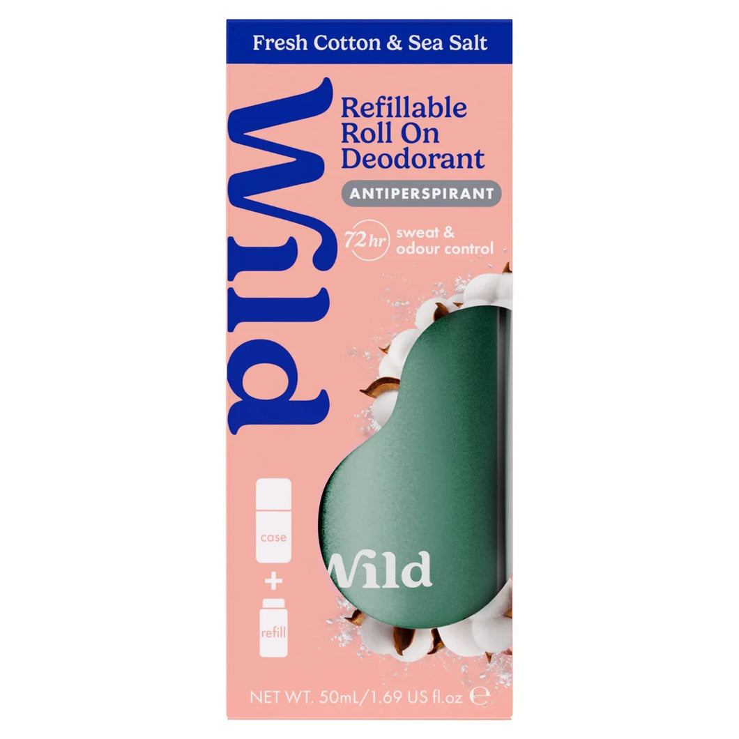 Wild Aqua Case, Fresh Cotton & Sea Salt Antiperspirant Roll On Starter Pack 50ml