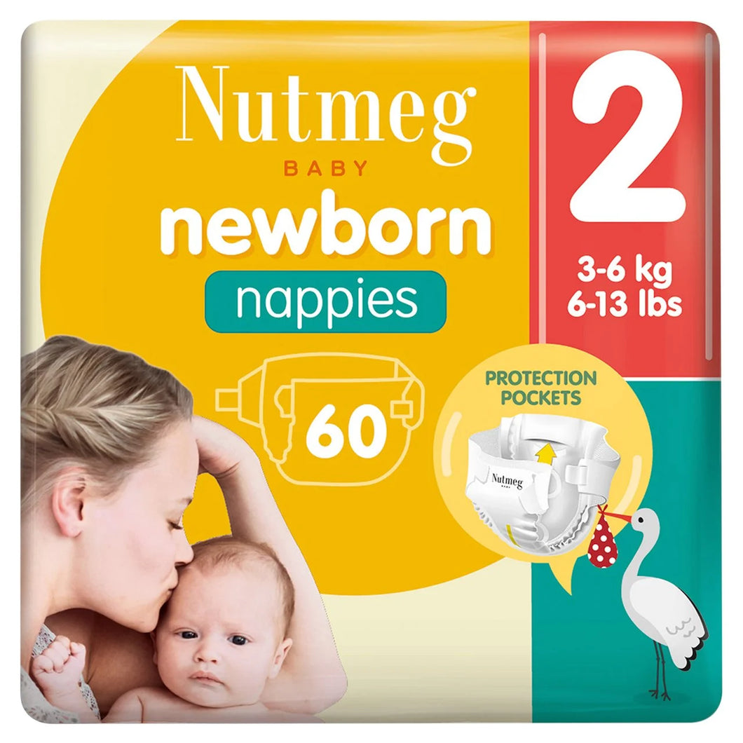 Nutmeg Newborn Nappies - Size 2, 60 pack