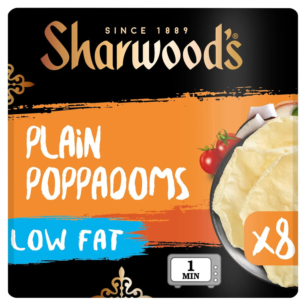Sharwood's Indian Sides Low Fat Plain Poppadoms Cook to Eat 8 Pack - 94g