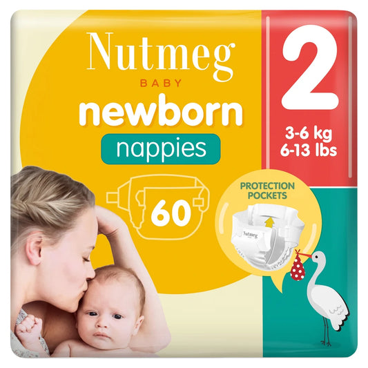 Nutmeg Newborn Nappies Size 2 ( 3 - 6 kg)  60 per pack